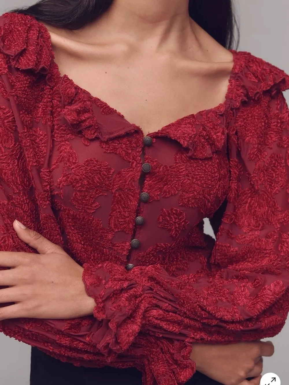Anthropologie Velvet Burnout Peasant Red Ruffle Balloon Sleeve Top Size XXS